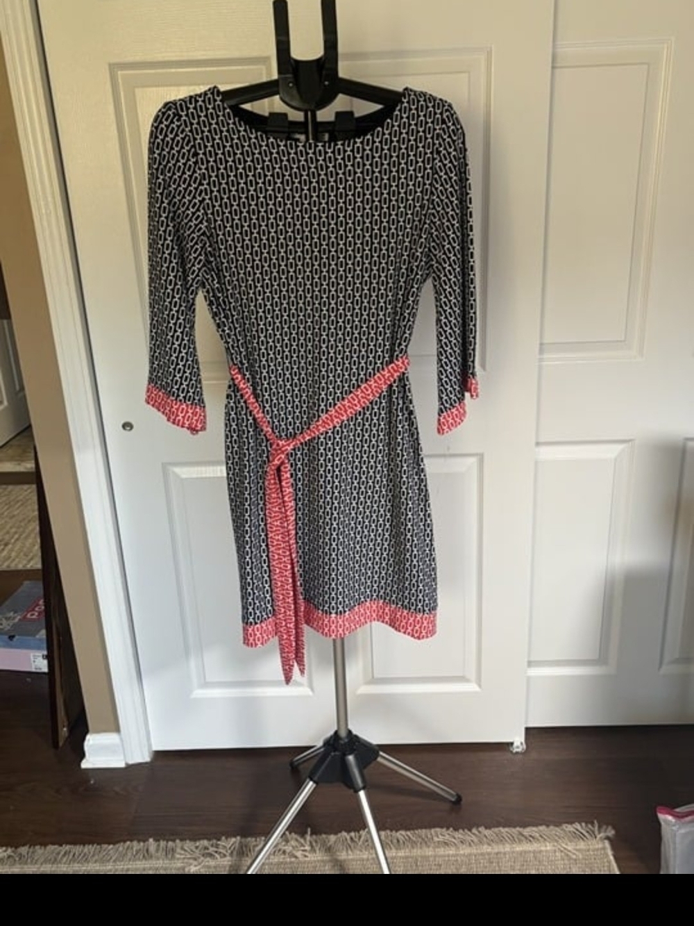 Studio I Navy Geometric Long Sleeve Dress with Coral Trim